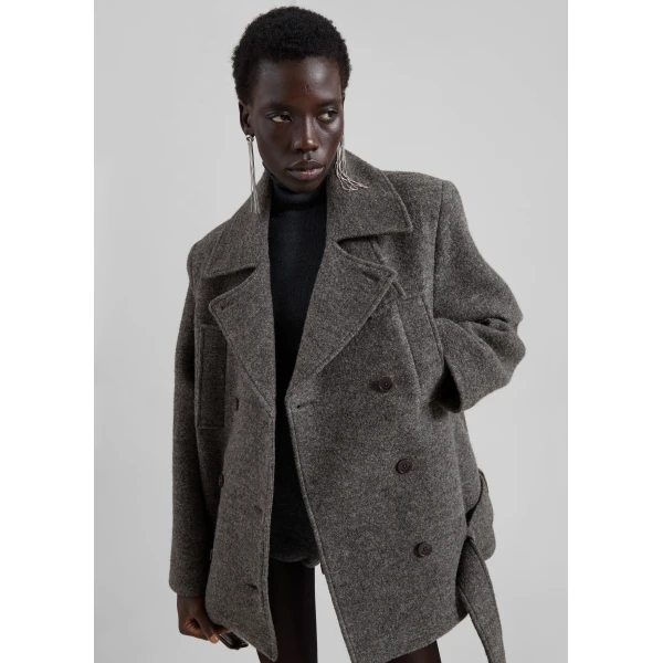 The Frankie Shop Scothern Brushed Wool Peacoat – Grey Melange Coat, view 3