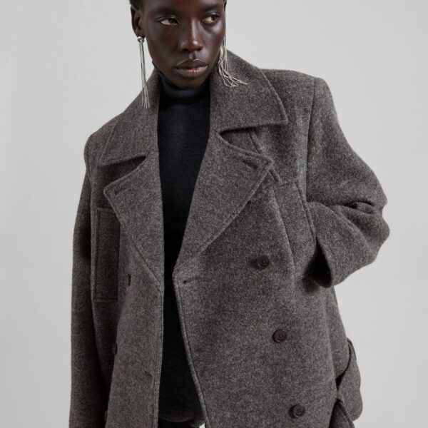 The Frankie Shop Scothern Brushed Wool Peacoat - Grey Melange - Oversized Minimalist Coats in Grey - Shop at Coveti