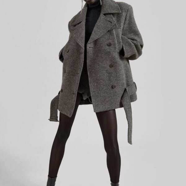 The Frankie Shop Scothern Brushed Wool Peacoat - Grey Melange - Oversized Minimalist Coats in Grey - Shop at Coveti