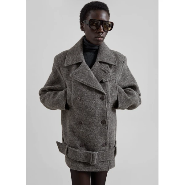 The Frankie Shop Scothern Brushed Wool Peacoat – Grey Melange Coat, view 6