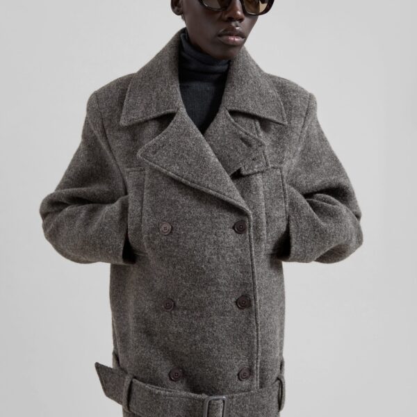 The Frankie Shop Scothern Brushed Wool Peacoat - Grey Melange - Oversized Minimalist Coats in Grey - Shop at Coveti