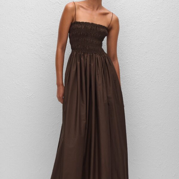 The Frankie Shop Shirred Bodice Dress - Chocolate - Oversized Minimalist Dresses in Beige - Shop at Coveti