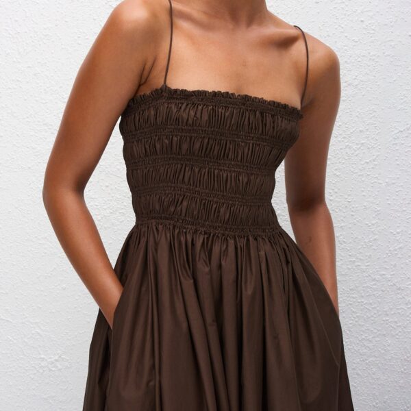 The Frankie Shop Shirred Bodice Dress - Chocolate - Oversized Minimalist Dresses in Beige - Shop at Coveti