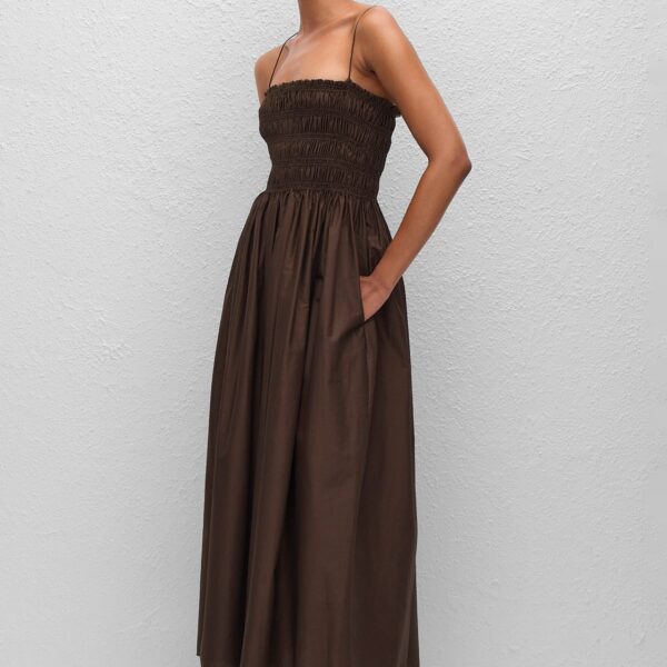 The Frankie Shop Shirred Bodice Dress - Chocolate - Oversized Minimalist Dresses in Beige - Shop at Coveti