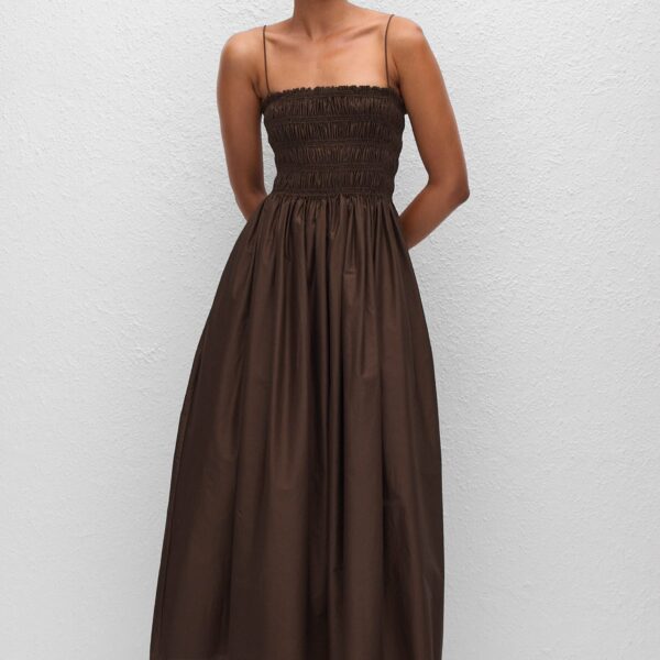 The Frankie Shop Shirred Bodice Dress - Chocolate - Oversized Minimalist Dresses in Beige - Shop at Coveti