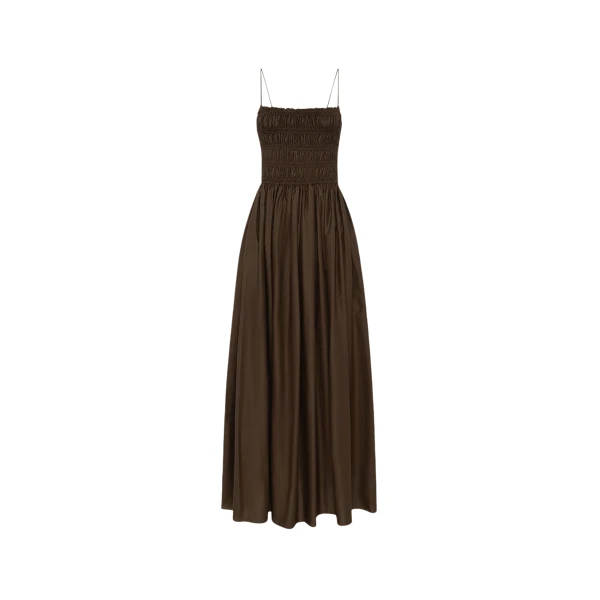 The Frankie Shop Shirred Bodice Dress - Chocolate - Oversized Minimalist Dresses in Beige - Shop at Coveti
