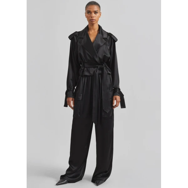 The Frankie Shop Simona Satin Short Trench – Black, view 2