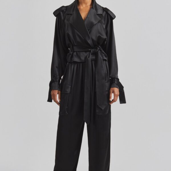 The Frankie Shop Simona Satin Short Trench - Black - Oversized Minimalist Coats in Black - Shop at Coveti