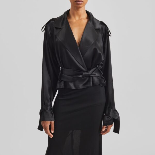 The Frankie Shop Simona Satin Short Trench - Black - Oversized Minimalist Coats in Black - Shop at Coveti