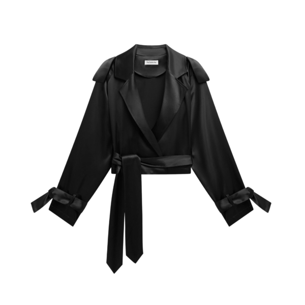 The Frankie Shop Simona Satin Short Trench - Black - Oversized Minimalist Coats in Black - Shop at Coveti