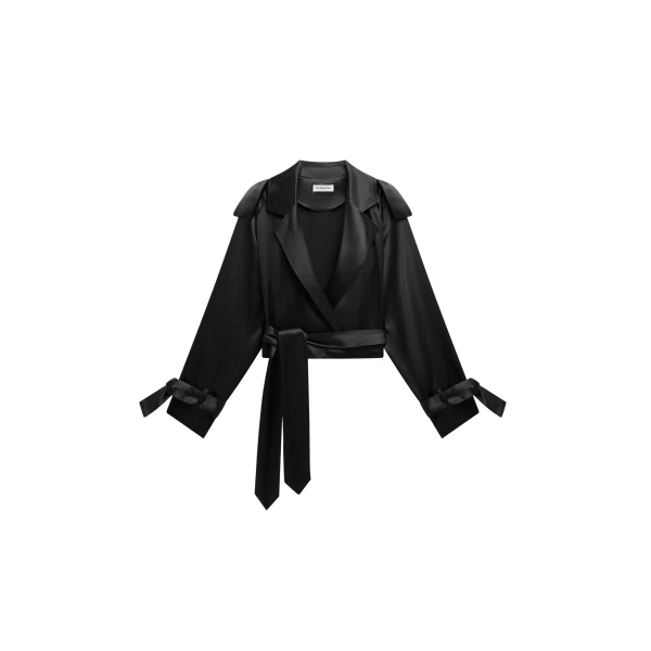 The Frankie Shop Simona Satin Short Trench - Black - Oversized Minimalist Coats in Black - Shop at Coveti
