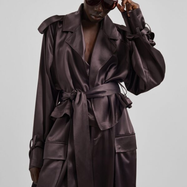 The Frankie Shop Simona Satin Short Trench - Dark Brown - Oversized Minimalist Coats in Beige - Shop at Coveti