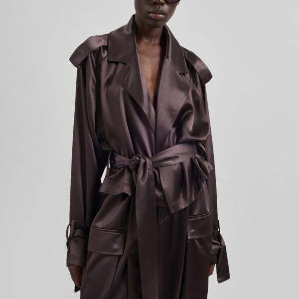 The Frankie Shop Simona Satin Short Trench - Dark Brown - Oversized Minimalist Coats in Beige - Shop at Coveti