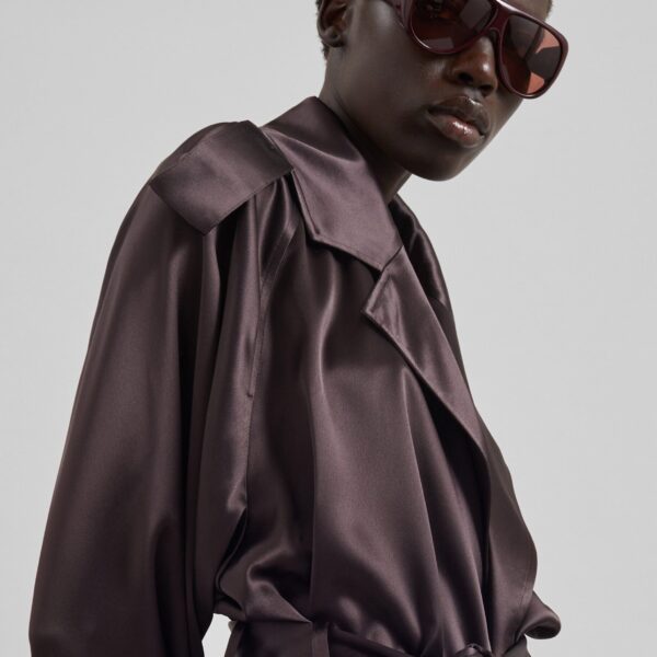 The Frankie Shop Simona Satin Short Trench - Dark Brown - Oversized Minimalist Coats in Beige - Shop at Coveti