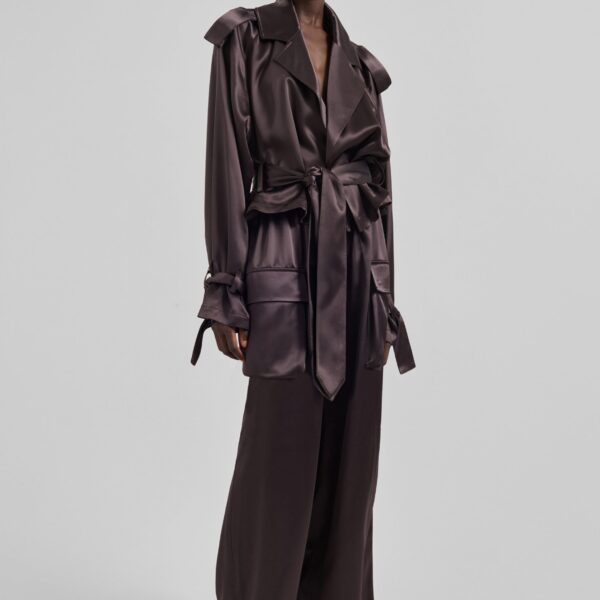 The Frankie Shop Simona Satin Short Trench - Dark Brown - Oversized Minimalist Coats in Beige - Shop at Coveti