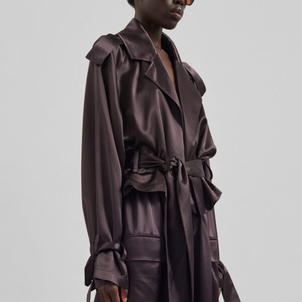 The Frankie Shop Simona Satin Short Trench - Dark Brown - Oversized Minimalist Coats in Beige - Shop at Coveti