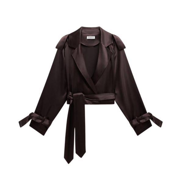 The Frankie Shop Simona Satin Short Trench - Dark Brown - Oversized Minimalist Coats in Beige - Shop at Coveti