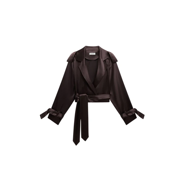 The Frankie Shop Simona Satin Short Trench - Dark Brown - Oversized Minimalist Coats in Beige - Shop at Coveti