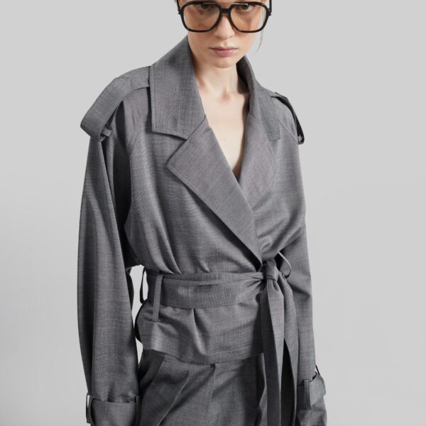 The Frankie Shop Simona Short Trench - Grey Melange - Oversized Minimalist Coats in Grey - Shop at Coveti