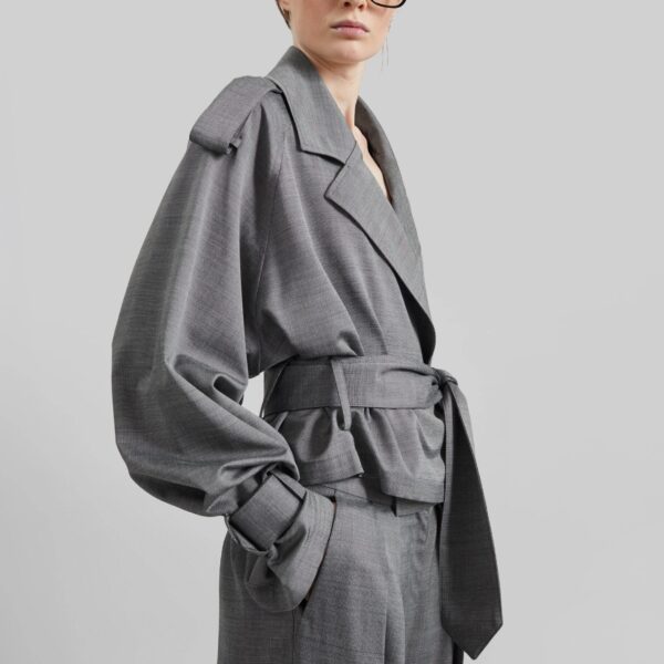 The Frankie Shop Simona Short Trench - Grey Melange - Oversized Minimalist Coats in Grey - Shop at Coveti
