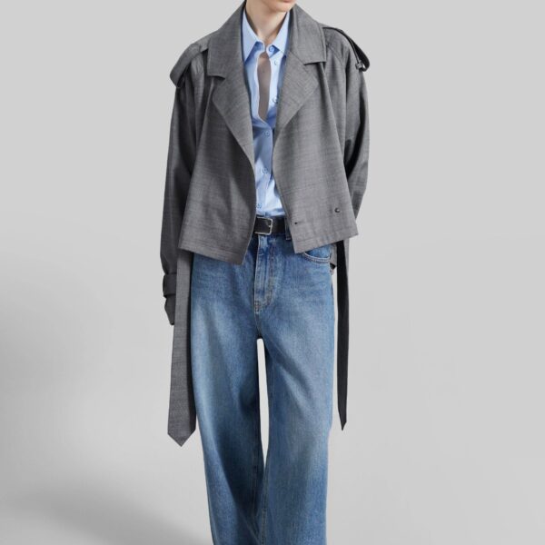 The Frankie Shop Simona Short Trench - Grey Melange - Oversized Minimalist Coats in Grey - Shop at Coveti