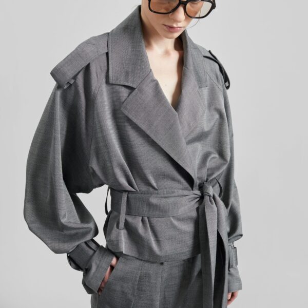 The Frankie Shop Simona Short Trench - Grey Melange - Oversized Minimalist Coats in Grey - Shop at Coveti