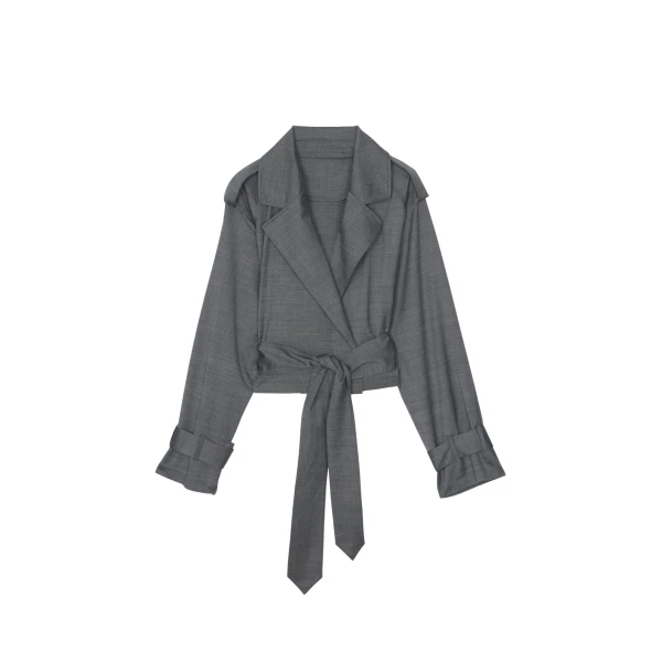 The Frankie Shop Simona Short Trench - Grey Melange - Oversized Minimalist Coats in Grey - Shop at Coveti