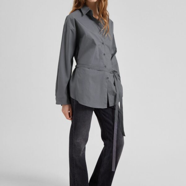 The Frankie Shop Skara Belted Shirt - Slate Grey - Oversized Minimalist Tops in Grey - Shop at Coveti