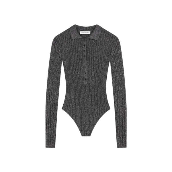 The Frankie Shop Solana Polo Bodysuit - Black Metallic - Oversized Minimalist Bikini in Metallic - Shop at Coveti