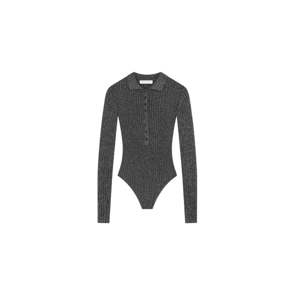 The Frankie Shop Solana Polo Bodysuit - Black Metallic - Oversized Minimalist Bikini in Metallic - Shop at Coveti