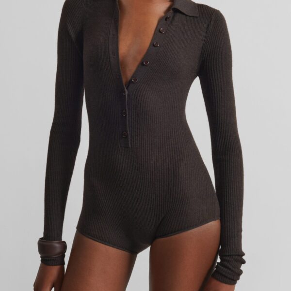 The Frankie Shop Solana Polo Bodysuit - Brown - Oversized Minimalist Bikini in Beige - Shop at Coveti