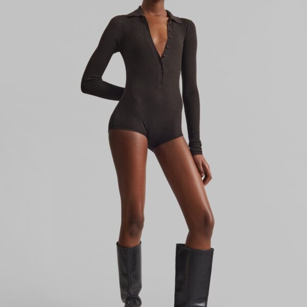 The Frankie Shop Solana Polo Bodysuit - Brown - Oversized Minimalist Bikini in Beige - Shop at Coveti