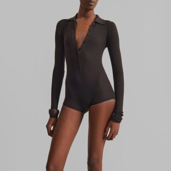 The Frankie Shop Solana Polo Bodysuit - Brown - Oversized Minimalist Bikini in Beige - Shop at Coveti