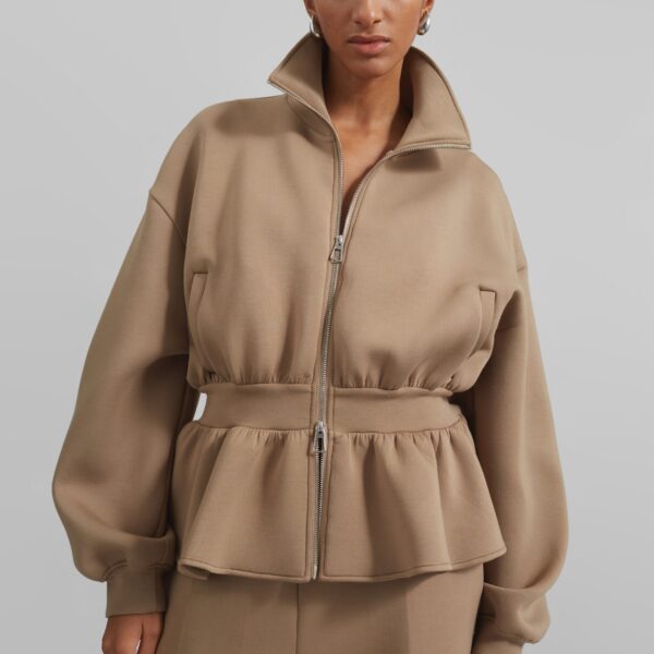 The Frankie Shop Sorelle Peplum Jacket - Camel - Oversized Minimalist Jackets in Beige - Shop at Coveti
