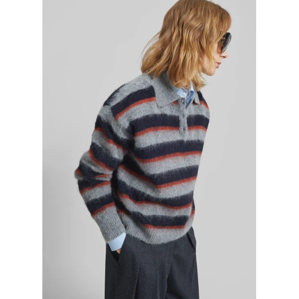 The Frankie Shop Sorlia Mohair Polo Sweater – Grey Multi Stripe, view 2