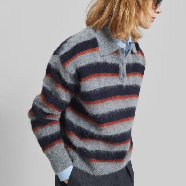 The Frankie Shop Sorlia Mohair Polo Sweater - Grey Multi Stripe - Oversized Minimalist Knitwear in Multicolour - Shop at Coveti