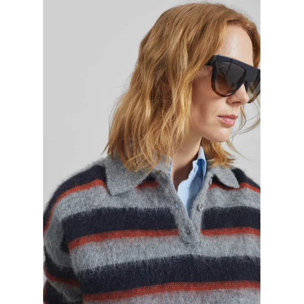 The Frankie Shop Sorlia Mohair Polo Sweater – Grey Multi Stripe, view 3