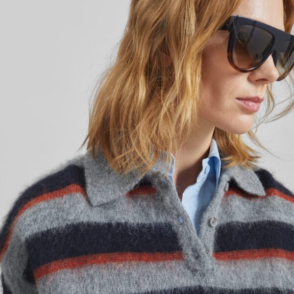 The Frankie Shop Sorlia Mohair Polo Sweater - Grey Multi Stripe - Oversized Minimalist Knitwear in Multicolour - Shop at Coveti
