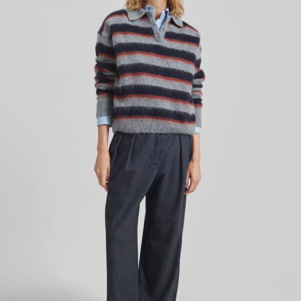 The Frankie Shop Sorlia Mohair Polo Sweater - Grey Multi Stripe - Oversized Minimalist Knitwear in Multicolour - Shop at Coveti