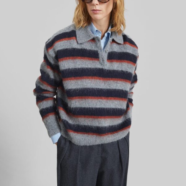 The Frankie Shop Sorlia Mohair Polo Sweater - Grey Multi Stripe - Oversized Minimalist Knitwear in Multicolour - Shop at Coveti
