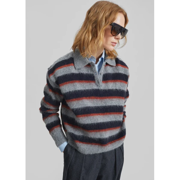 The Frankie Shop Sorlia Mohair Polo Sweater – Grey Multi Stripe, view 6
