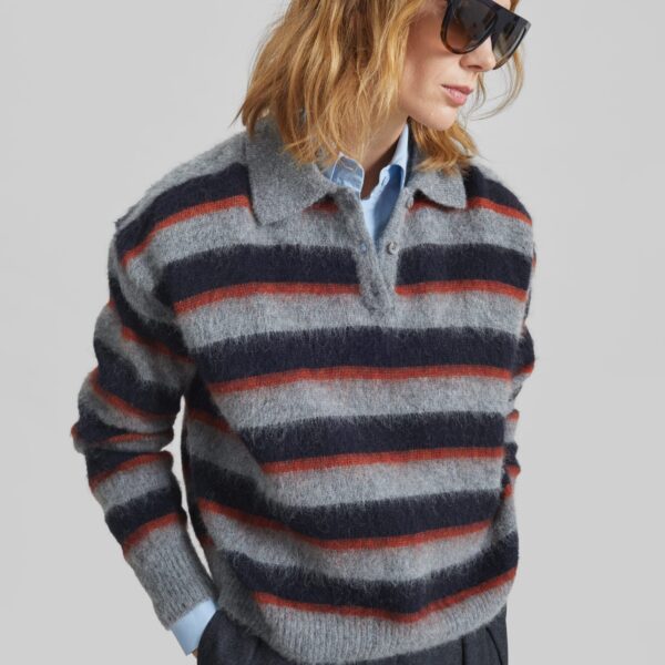 The Frankie Shop Sorlia Mohair Polo Sweater - Grey Multi Stripe - Oversized Minimalist Knitwear in Multicolour - Shop at Coveti