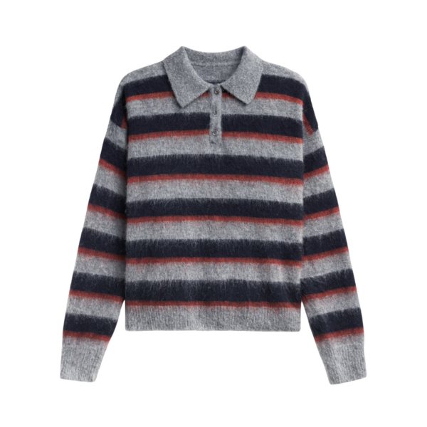 The Frankie Shop Sorlia Mohair Polo Sweater - Grey Multi Stripe - Oversized Minimalist Knitwear in Multicolour - Shop at Coveti