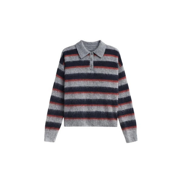 The Frankie Shop Sorlia Mohair Polo Sweater - Grey Multi Stripe - Oversized Minimalist Knitwear in Multicolour - Shop at Coveti