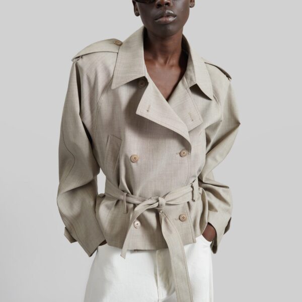 The Frankie Shop Stan Cropped Trench - Beige Melange - Oversized Minimalist Coats in Beige - Shop at Coveti