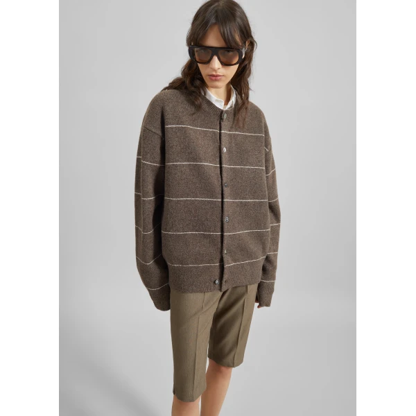 The Frankie Shop Stenvad Crewneck Cardigan – Brown/White Stripe, view 3