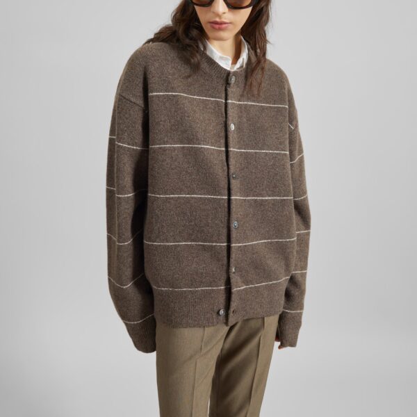 The Frankie Shop Stenvad Crewneck Cardigan - Brown/White Stripe - Oversized Minimalist Knitwear in Multicolour - Shop at Coveti