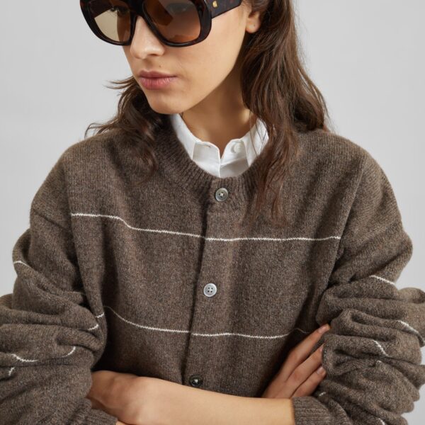 The Frankie Shop Stenvad Crewneck Cardigan - Brown/White Stripe - Oversized Minimalist Knitwear in Multicolour - Shop at Coveti