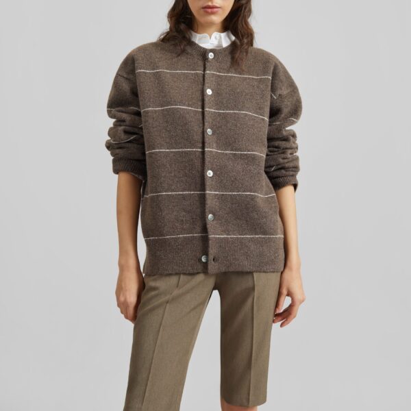 The Frankie Shop Stenvad Crewneck Cardigan - Brown/White Stripe - Oversized Minimalist Knitwear in Multicolour - Shop at Coveti