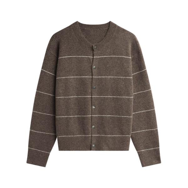 The Frankie Shop Stenvad Crewneck Cardigan - Brown/White Stripe - Oversized Minimalist Knitwear in Multicolour - Shop at Coveti